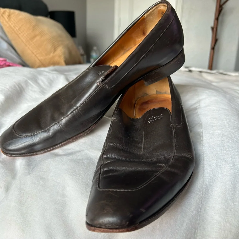 M Vintage Gucci Dark Brown Genuine Leather Goodyear Loafers Size 9.5 |F20